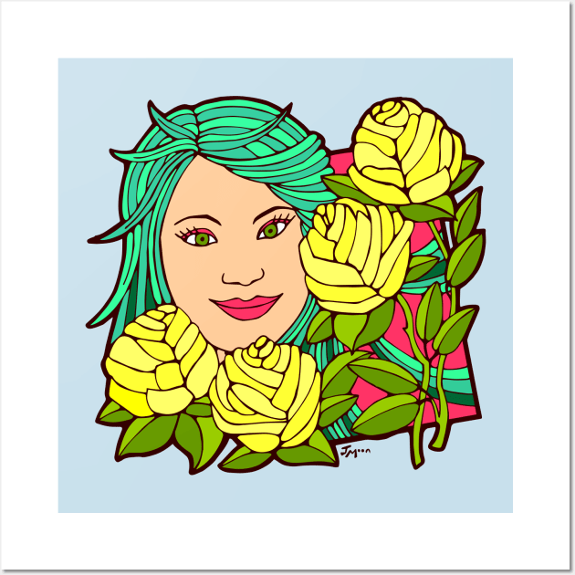 Green Haired Woman with Yellow Roses Wall Art by Julia Moon